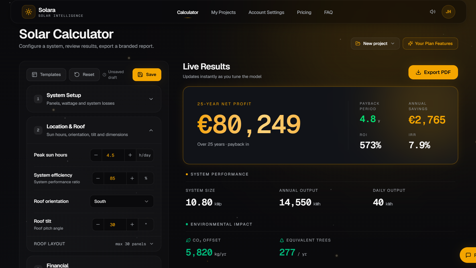 Solara Calculator dashboard preview